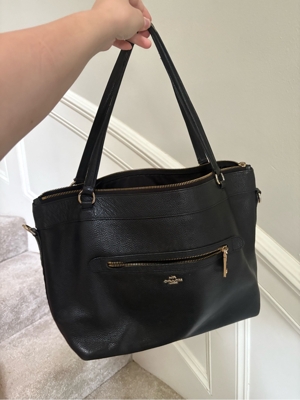 2017 Tyler Tote F54687 Coach Black Leather Tote with Gold Hardware and Front Zip